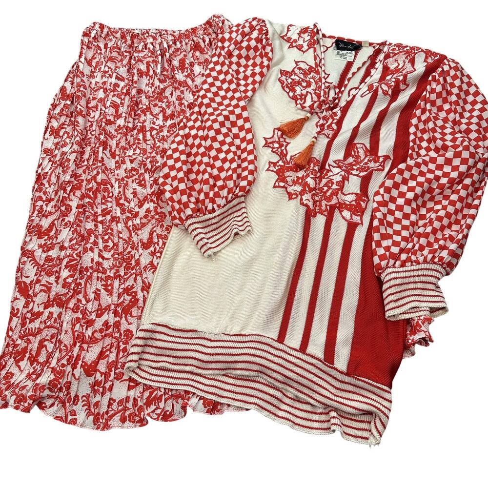 VTG Diane Freis Dress Womens Medium Red Boho Embroidered Tassels Skirt Set 80s